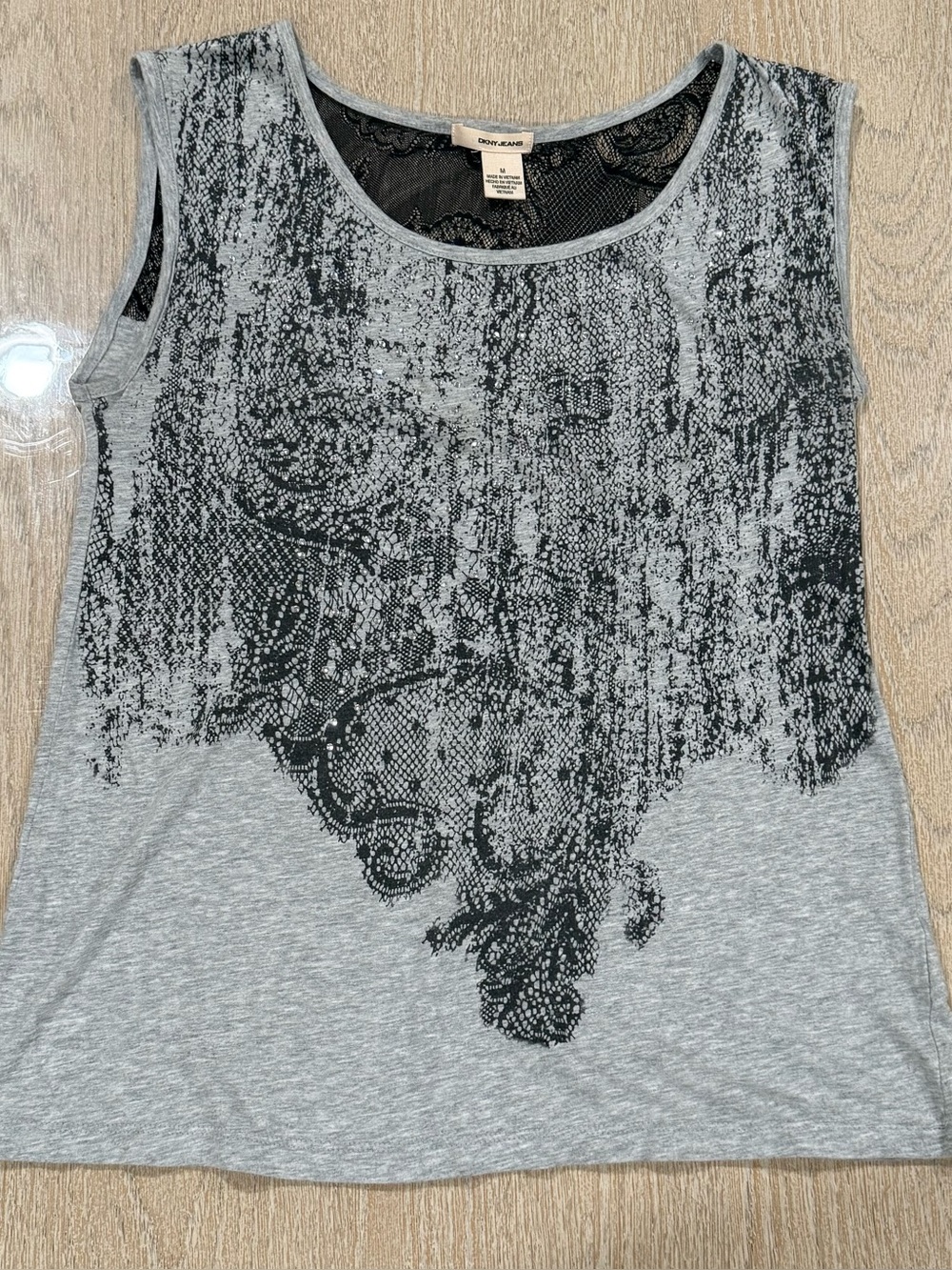 DKNY Light Gray Sleeveless Tank with Black Lace-Print